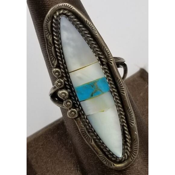 Vintage Navajo MOP Turquoise Silver Ring 1950s SZ 10 - Picture 1 of 4